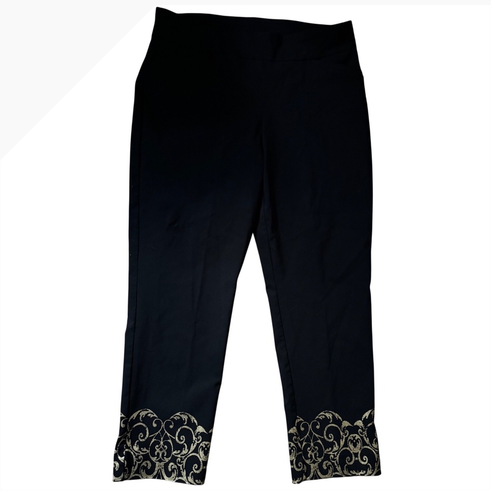 Chicos Perfect Stretch Black Gold Damask Scroll Ankle Pull On Pants Size 2.5 L